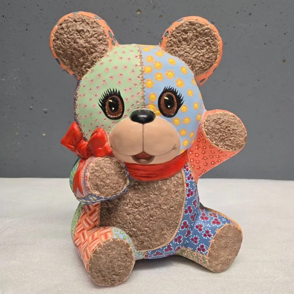 Pottery Patchwork Teddy Bear Figurine Nursery Baby Room Decor Vintage 80s Signed